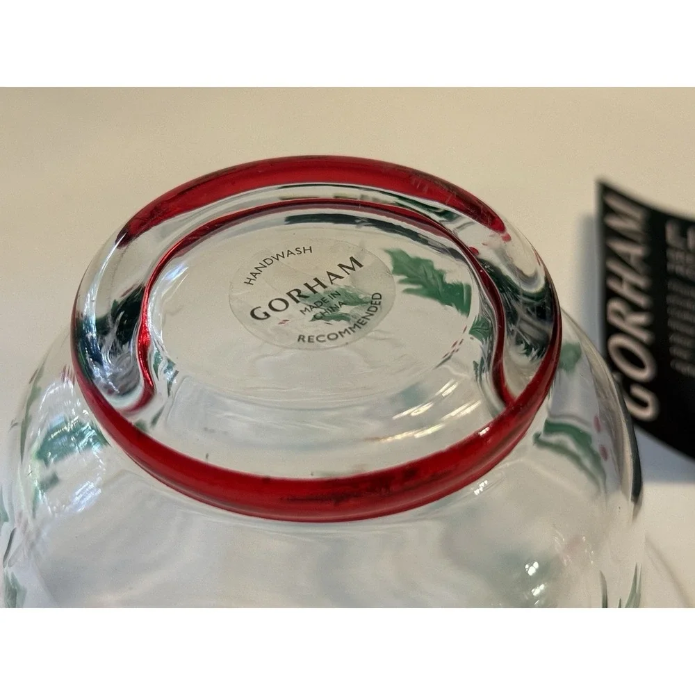 Gorham Festive Holly Candy Dish Hand Cut Painted 5" Diameter Christmas Glass - Picture 5 of 10